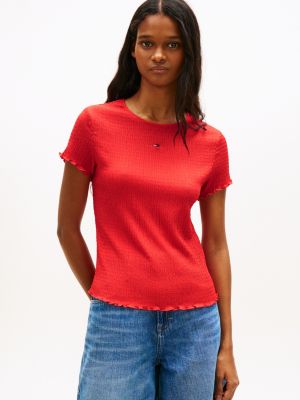 red smock slim seersucker t-shirt for women tommy jeans