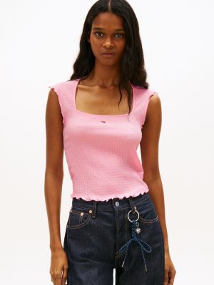 pink smock slim seersucker square neck top for women tommy jeans