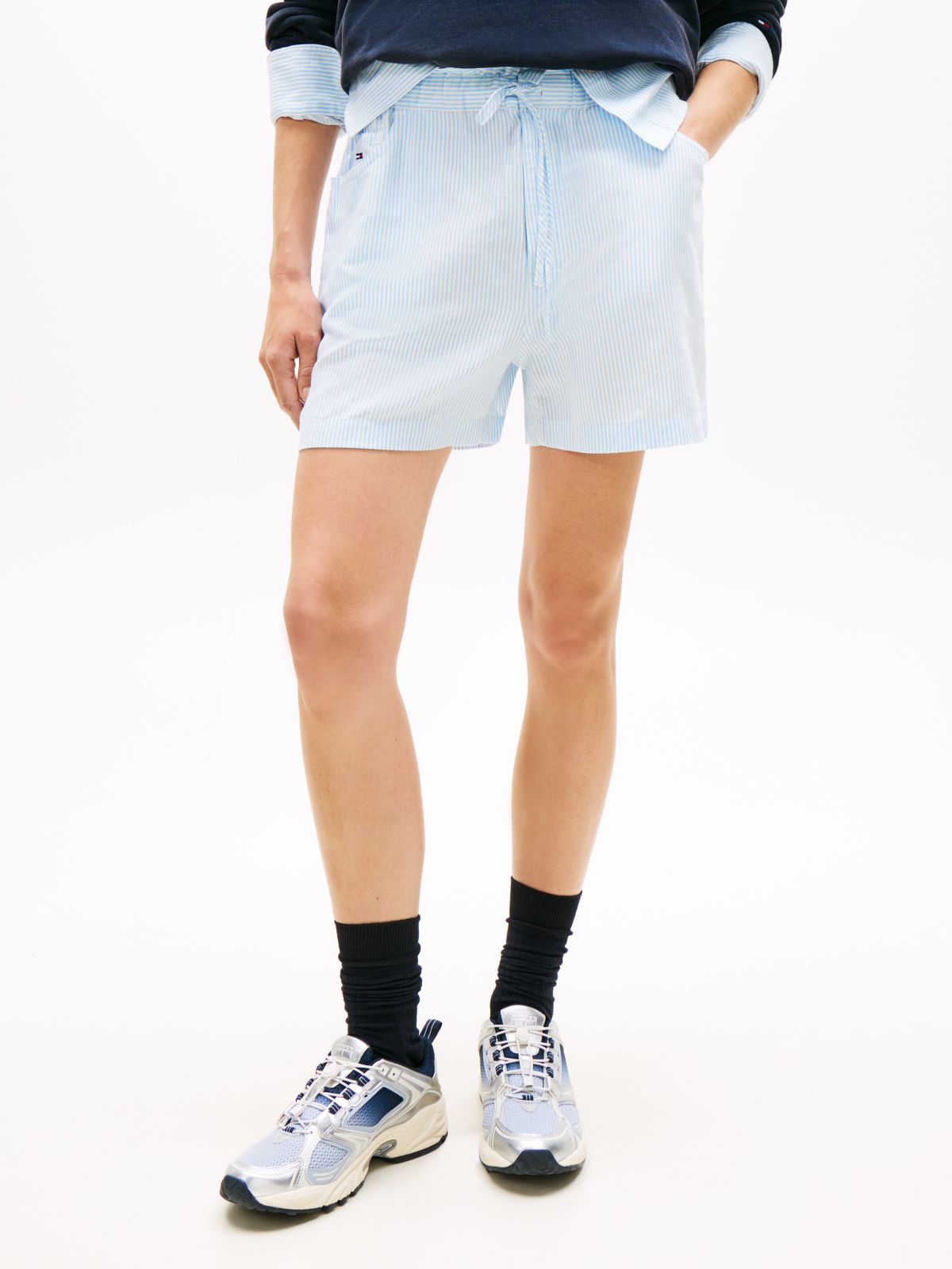 Linen Blend Five-Pocket Shorts — Blue