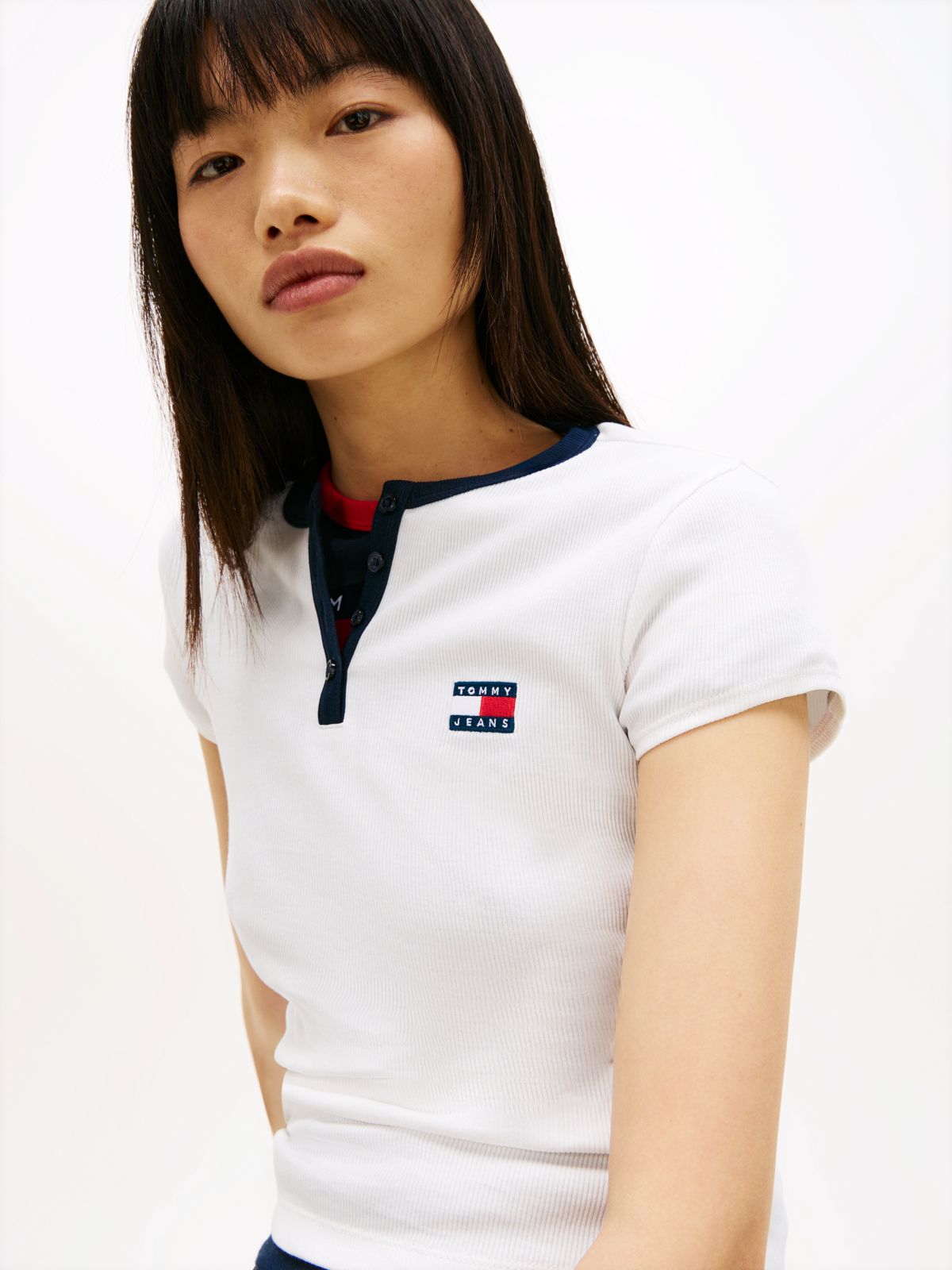 Tommy Badge Henley Ribbed Slim T-Shirt — White
