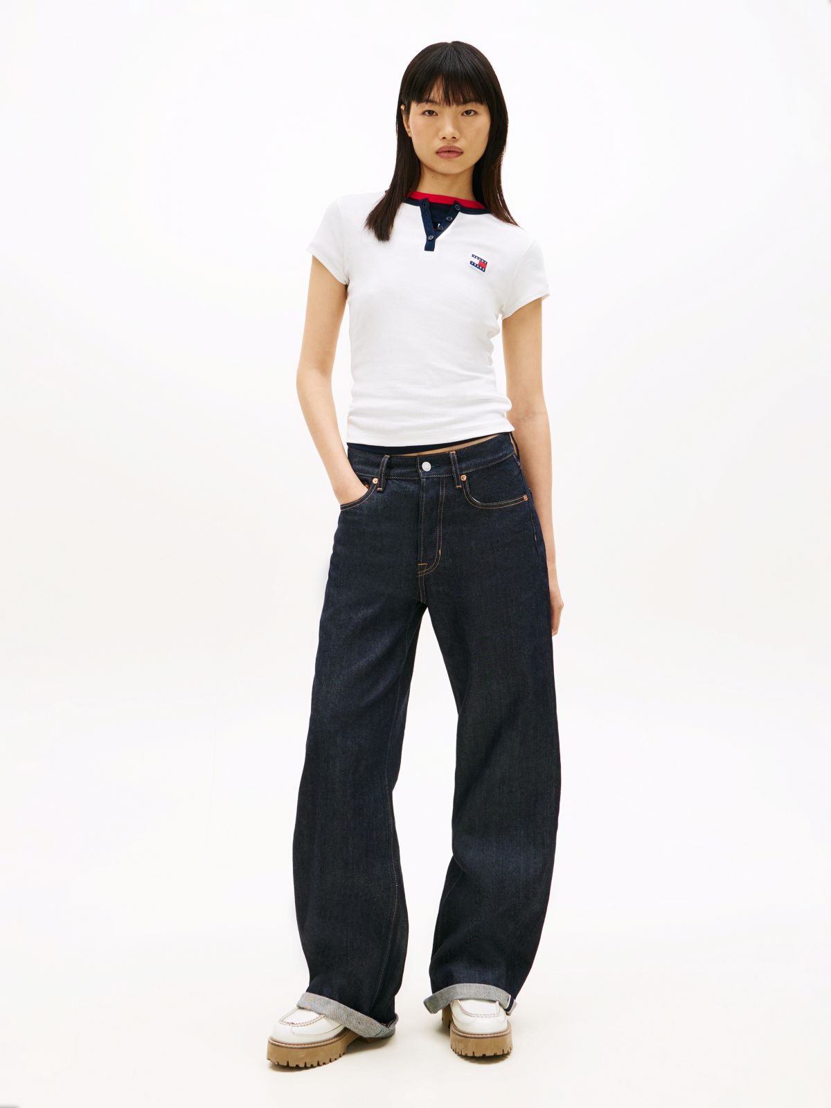 Tommy Badge Henley Ribbed Slim T-Shirt — White