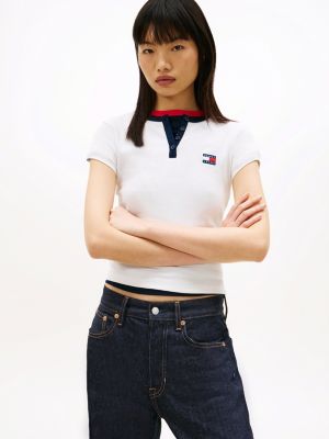 white tommy badge henley ribbed slim t-shirt for women tommy jeans