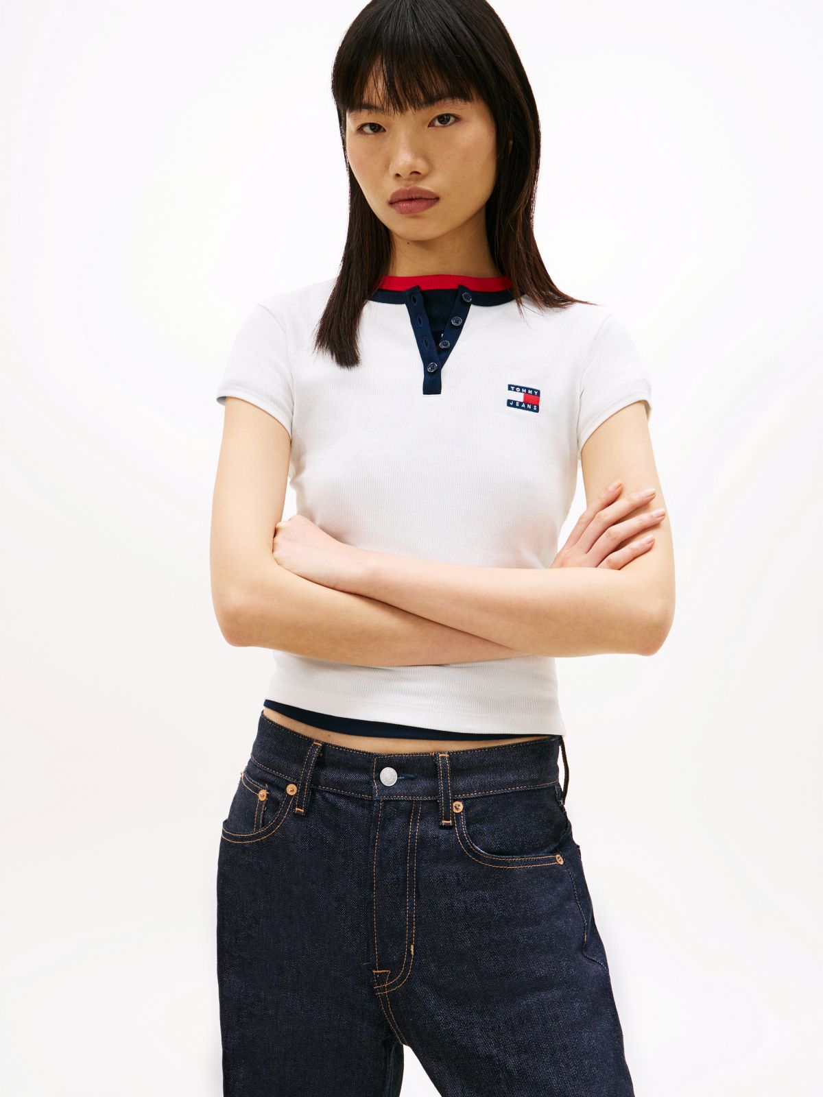 Tommy Badge Henley Ribbed Slim T-Shirt — White