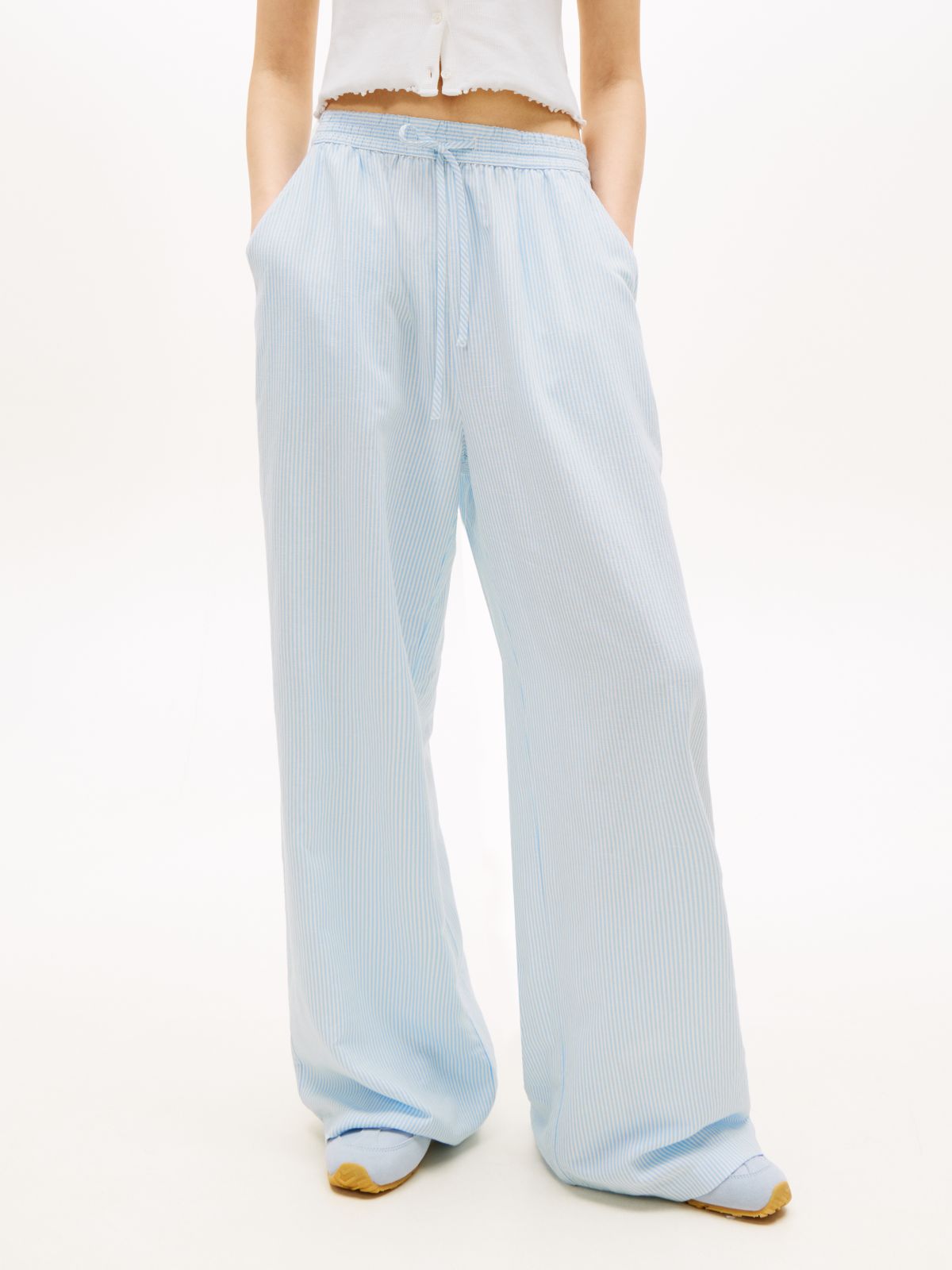 Loose Linen Blend Drawstring Trousers — Blue