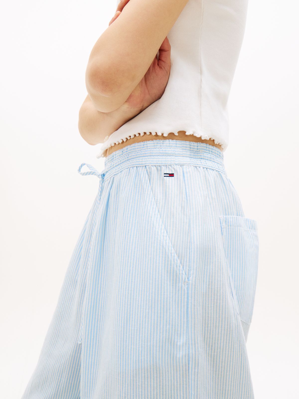 Loose Linen Blend Drawstring Trousers — Blue