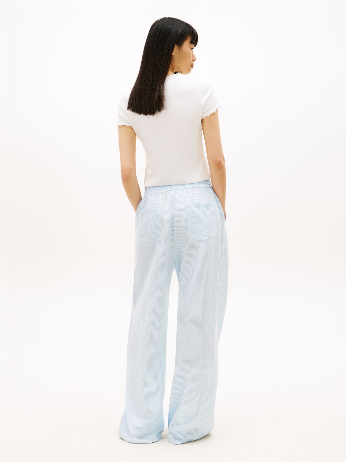 Loose Linen Blend Drawstring Trousers — Blue