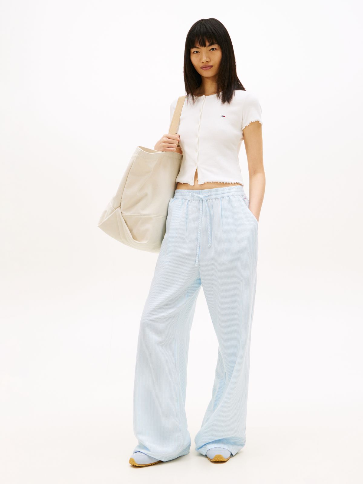 Loose Linen Blend Drawstring Trousers — Blue