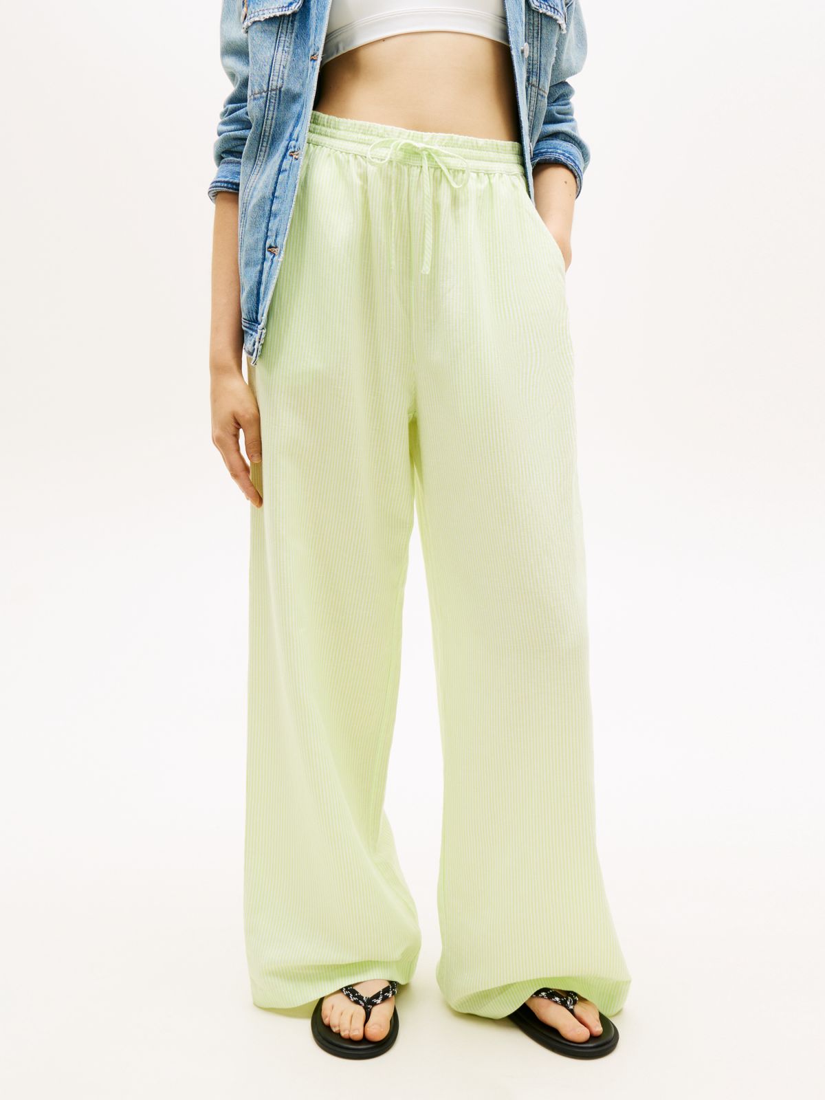 Loose Linen Blend Drawstring Trousers — Green