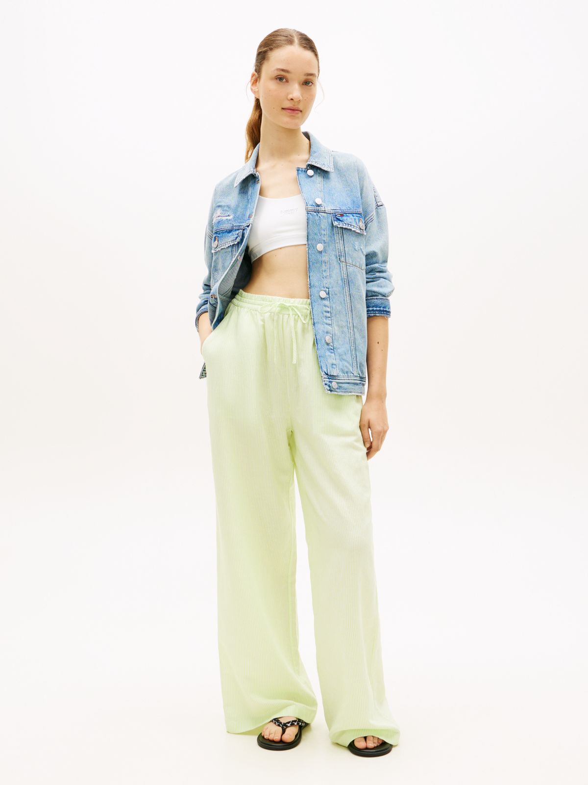 Loose Linen Blend Drawstring Trousers — Green