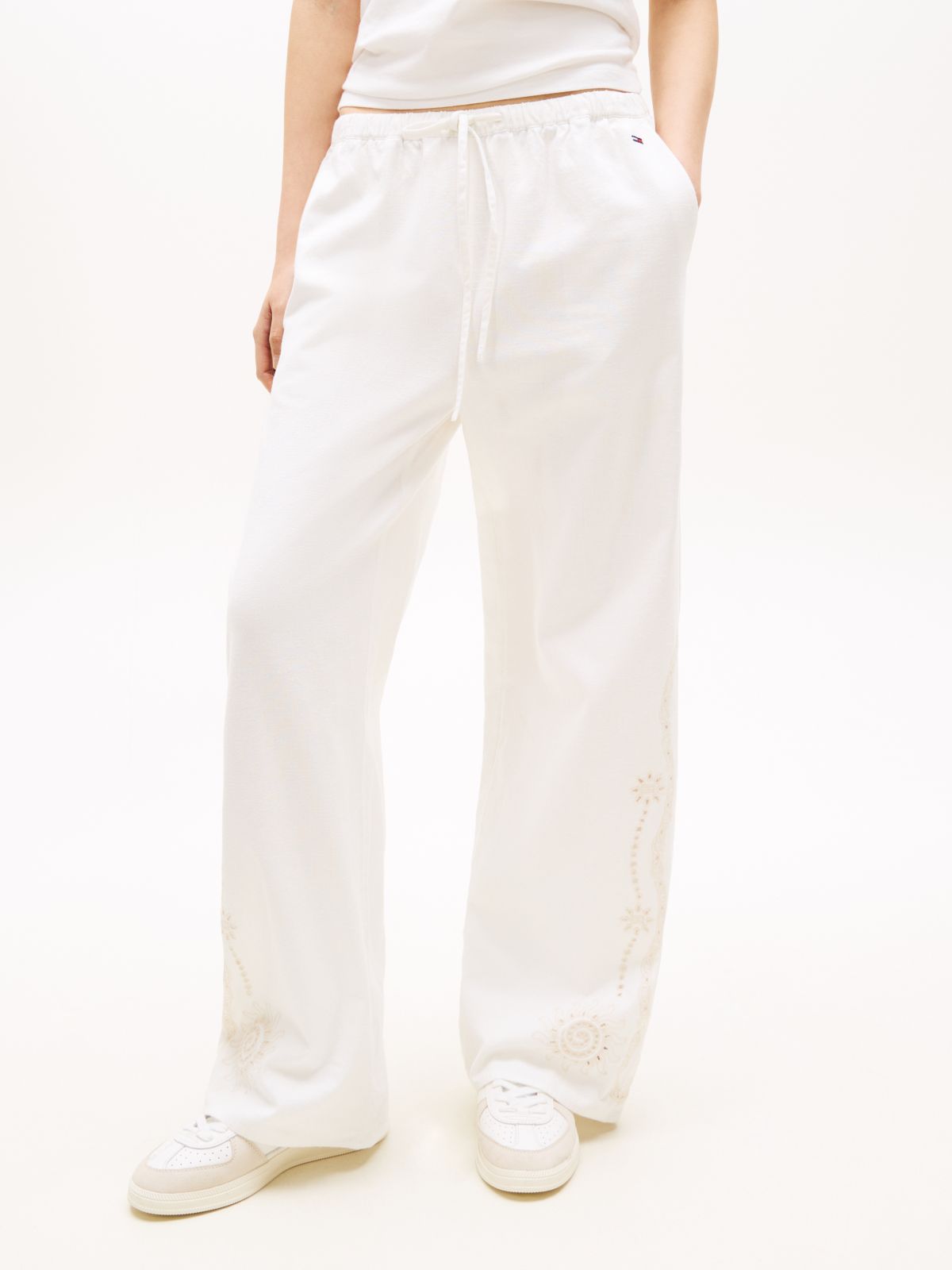 Broderie Anglaise Drawstring Trousers With Linen — White