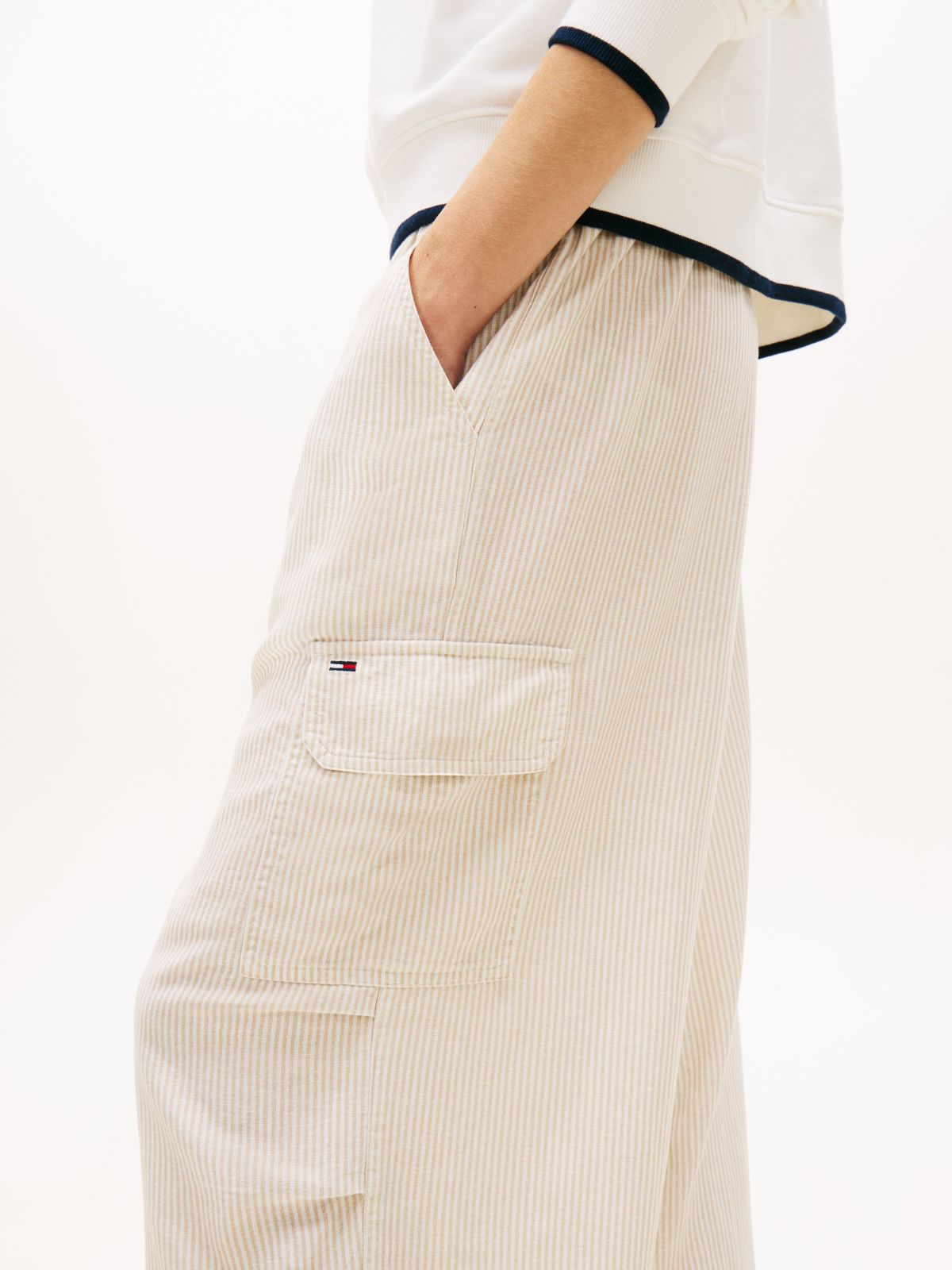 Linen Blend Wide Leg Cargo Trousers — Beige