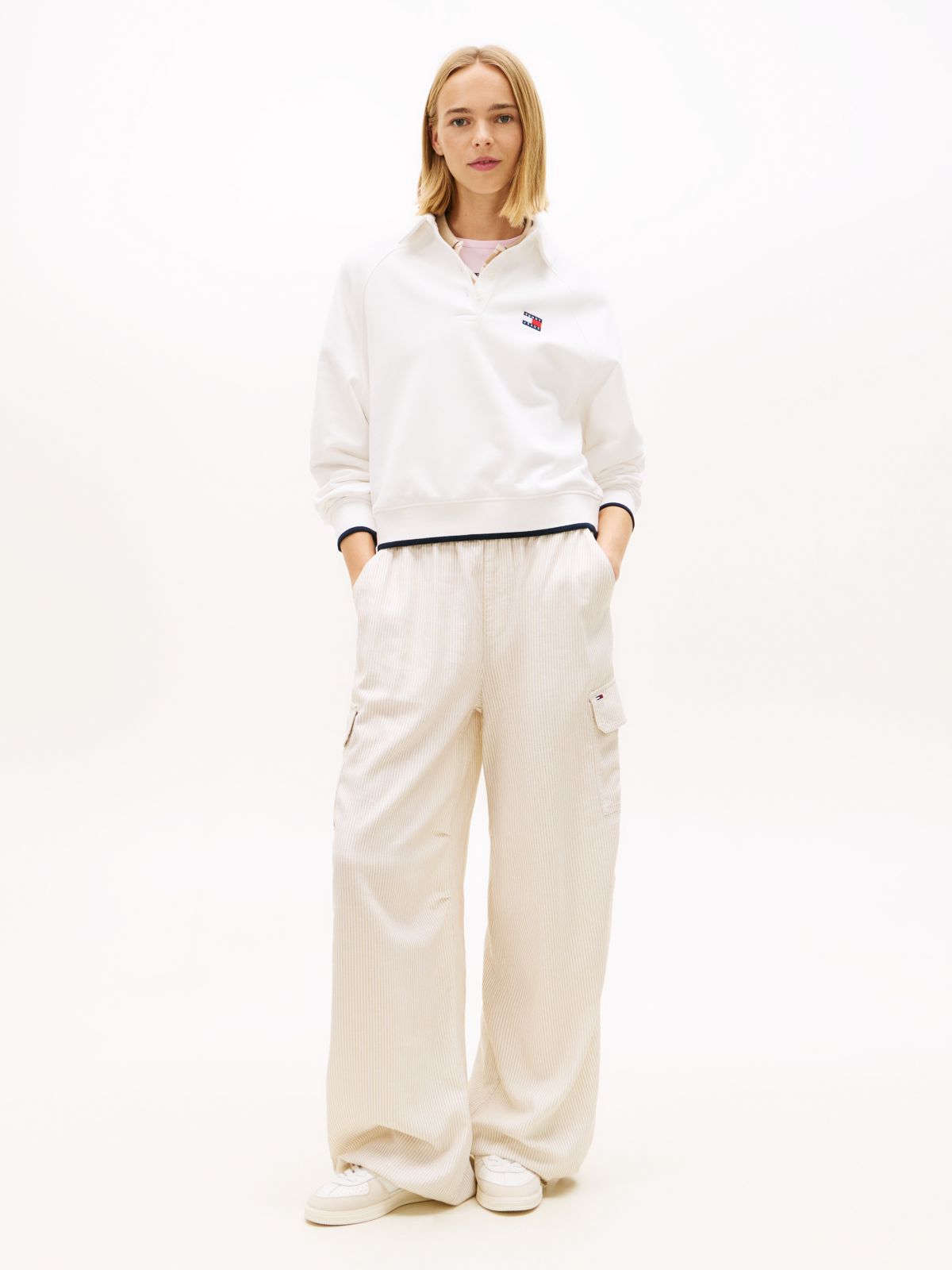 Linen Blend Wide Leg Cargo Trousers — Beige