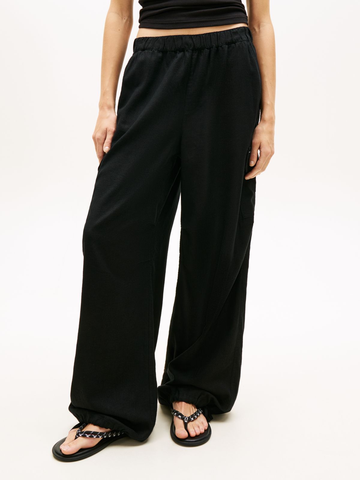 Linen Blend Wide Leg Cargo Trousers — Black