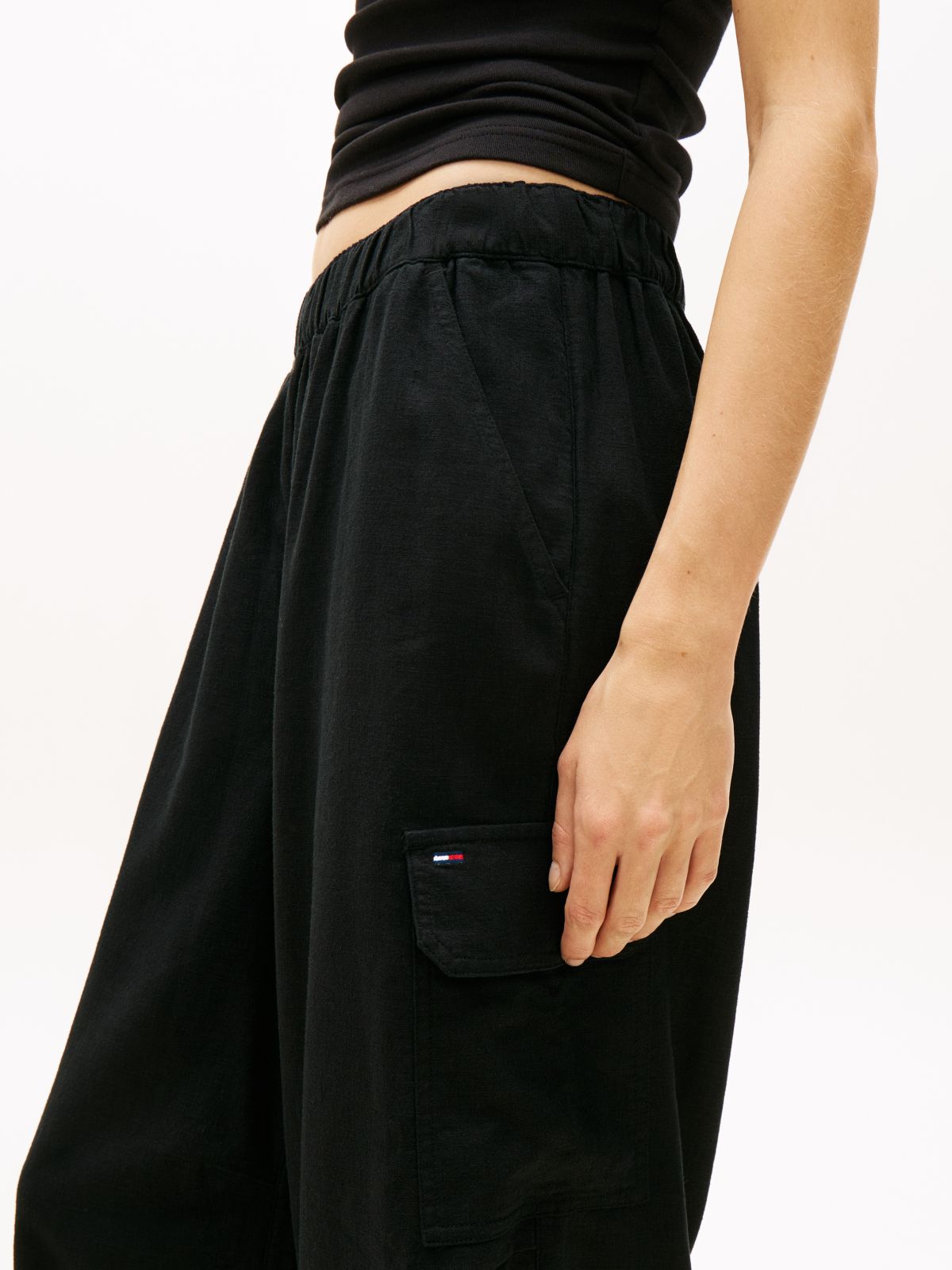 Linen Blend Wide Leg Cargo Trousers — Black