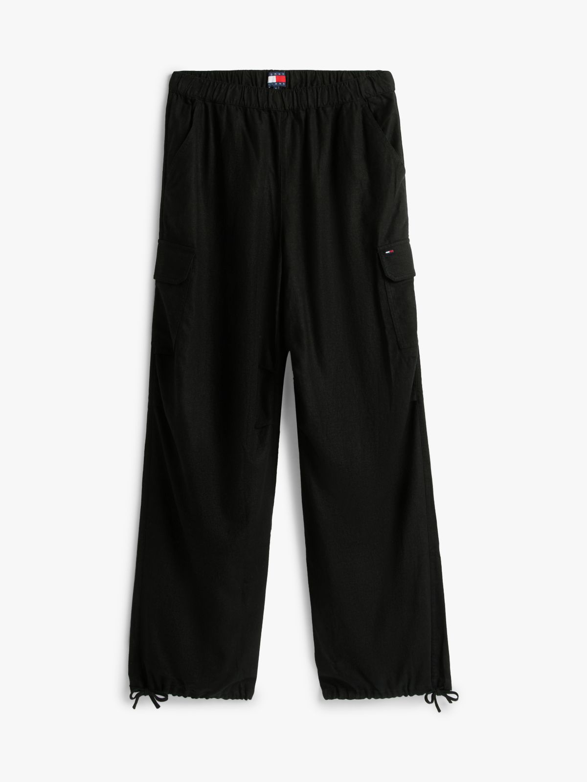 Linen Blend Wide Leg Cargo Trousers — Black