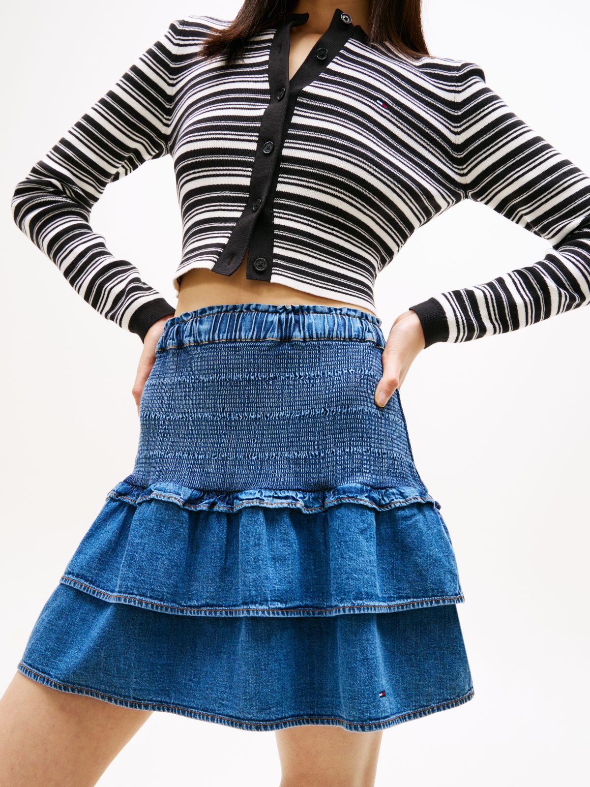 Chambray Slim Tiered Mini Skirt — Blue