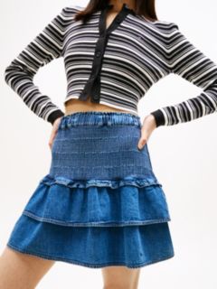 Chambray Slim Tiered Mini Skirt — Blue 3