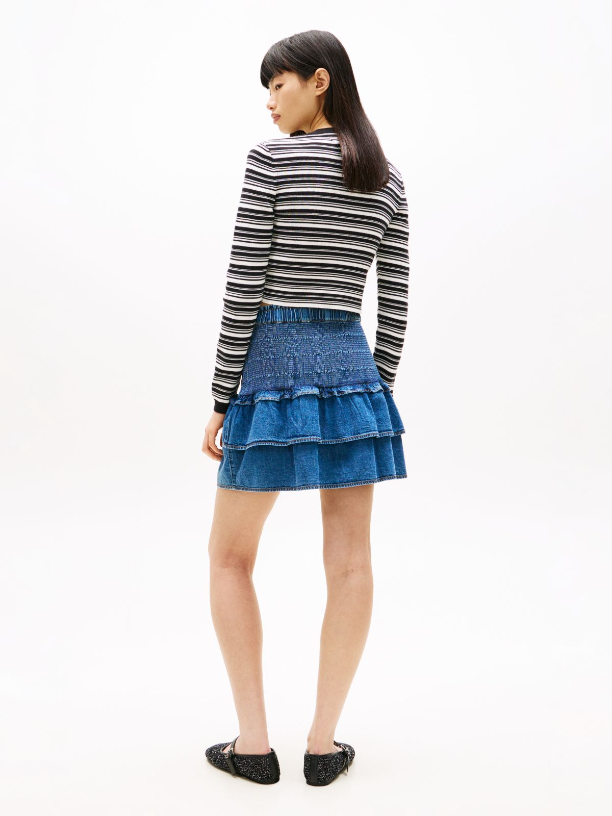 Chambray Slim Tiered Mini Skirt — Blue