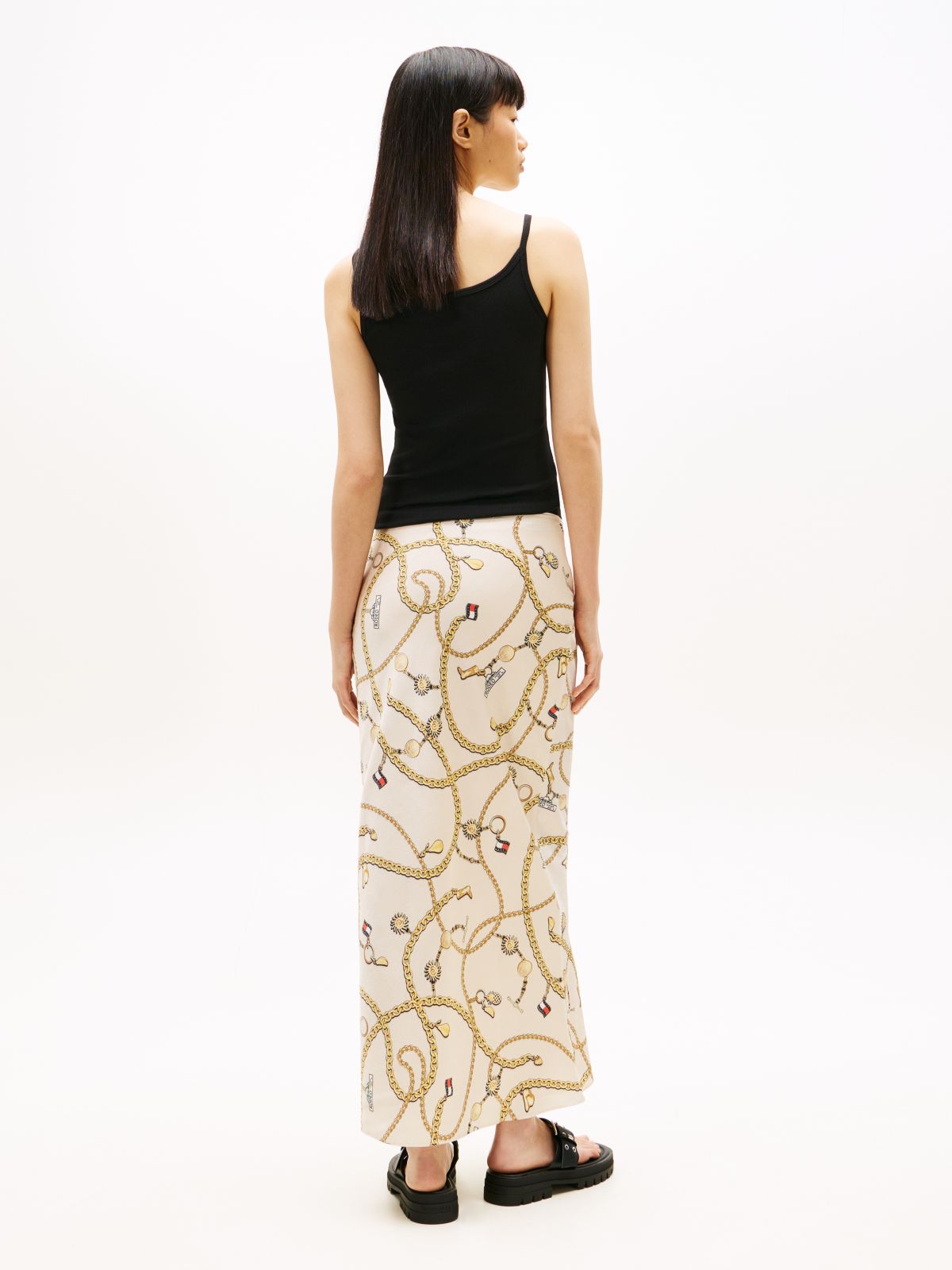 Chain Print Slim Maxi Skirt — Beige