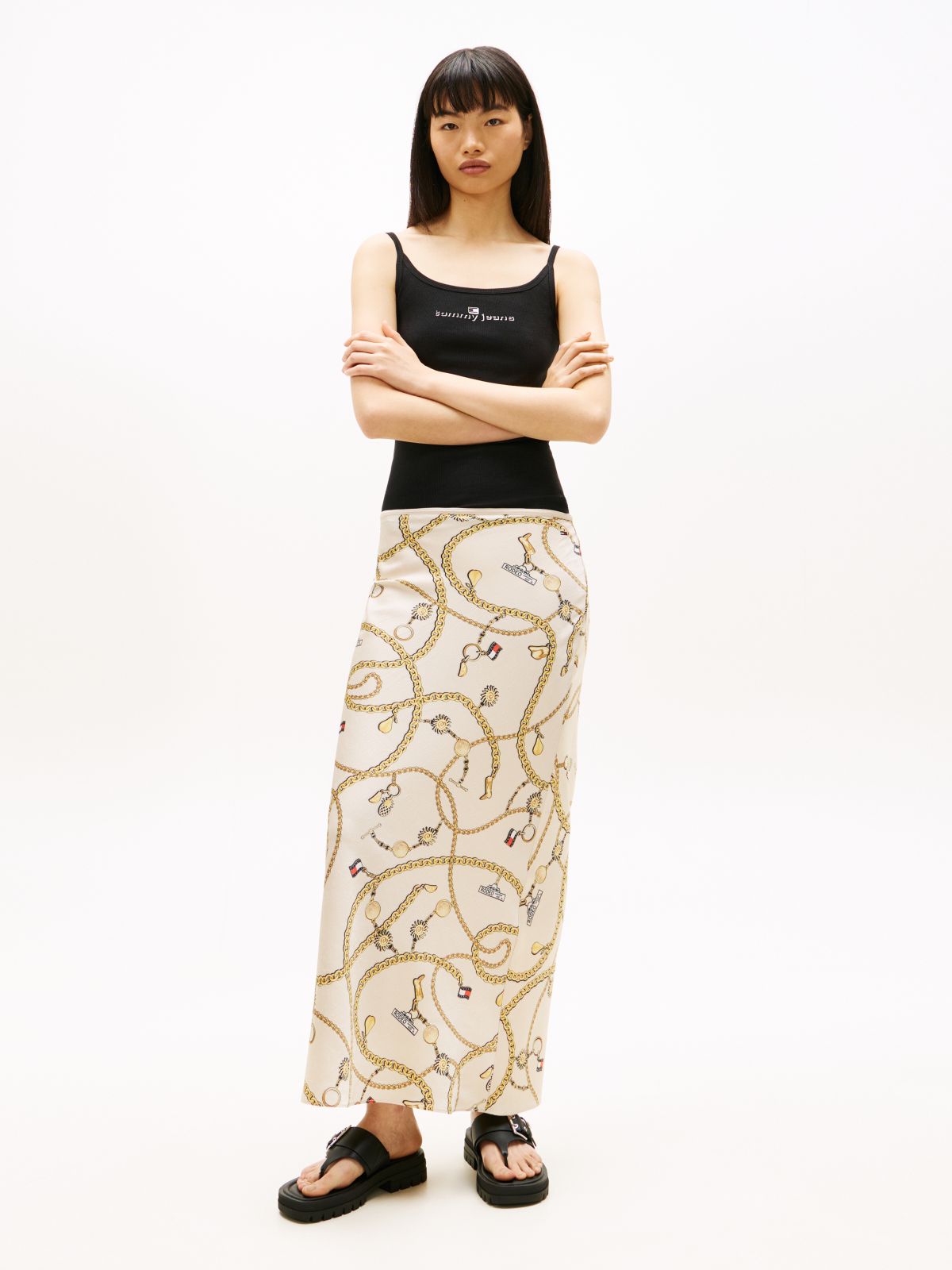 Chain Print Slim Maxi Skirt — Beige