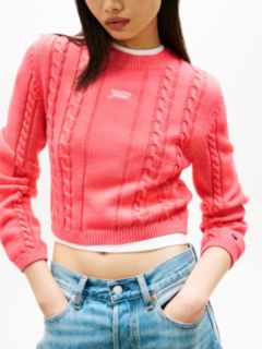 Logo Embroidery Cable Knit Slim Jumper — Pink 2