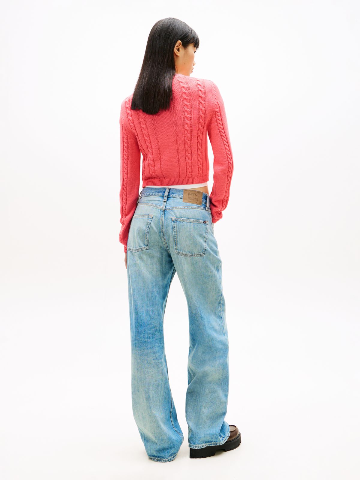 Logo Embroidery Cable Knit Slim Jumper — Pink