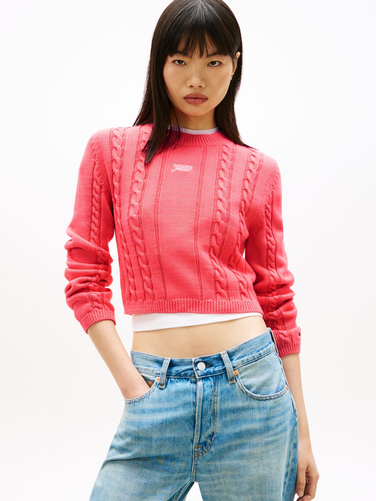 Logo Embroidery Cable Knit Slim Jumper — Pink
