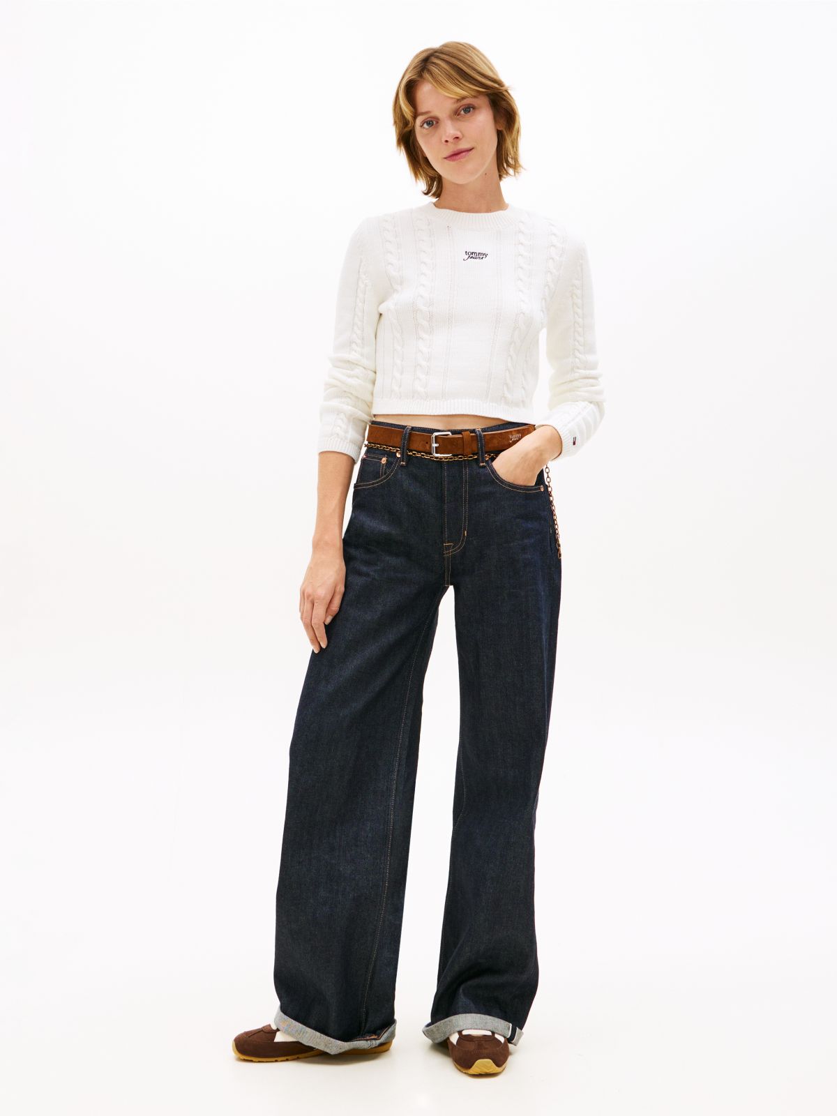 Logo Embroidery Cable Knit Slim Jumper — White