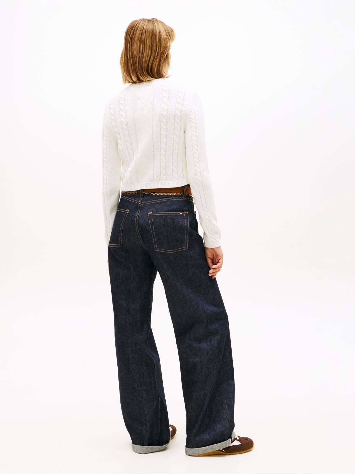 Logo Embroidery Cable Knit Slim Jumper — White