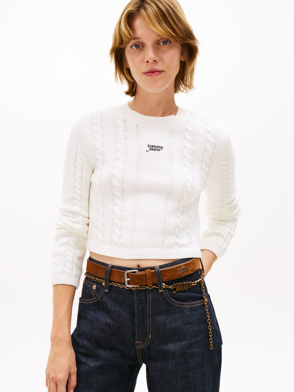 Logo Embroidery Cable Knit Slim Jumper — White
