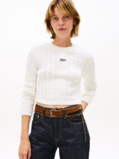 Logo Embroidery Cable Knit Slim Jumper — White 1