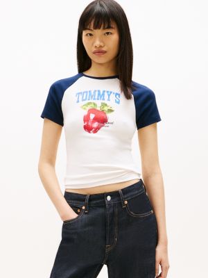 white graphic slim raglan t-shirt for women tommy jeans