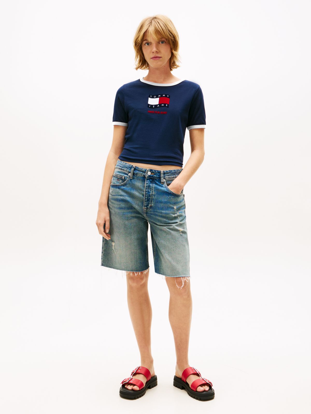 Wavy Flag Contrast Ringer T-Shirt — Blue