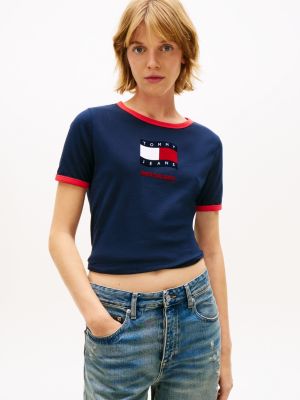 blue wavy flag contrast ringer t-shirt for women tommy jeans