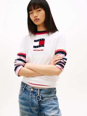 white wavy flag contrast ringer t-shirt for women tommy jeans