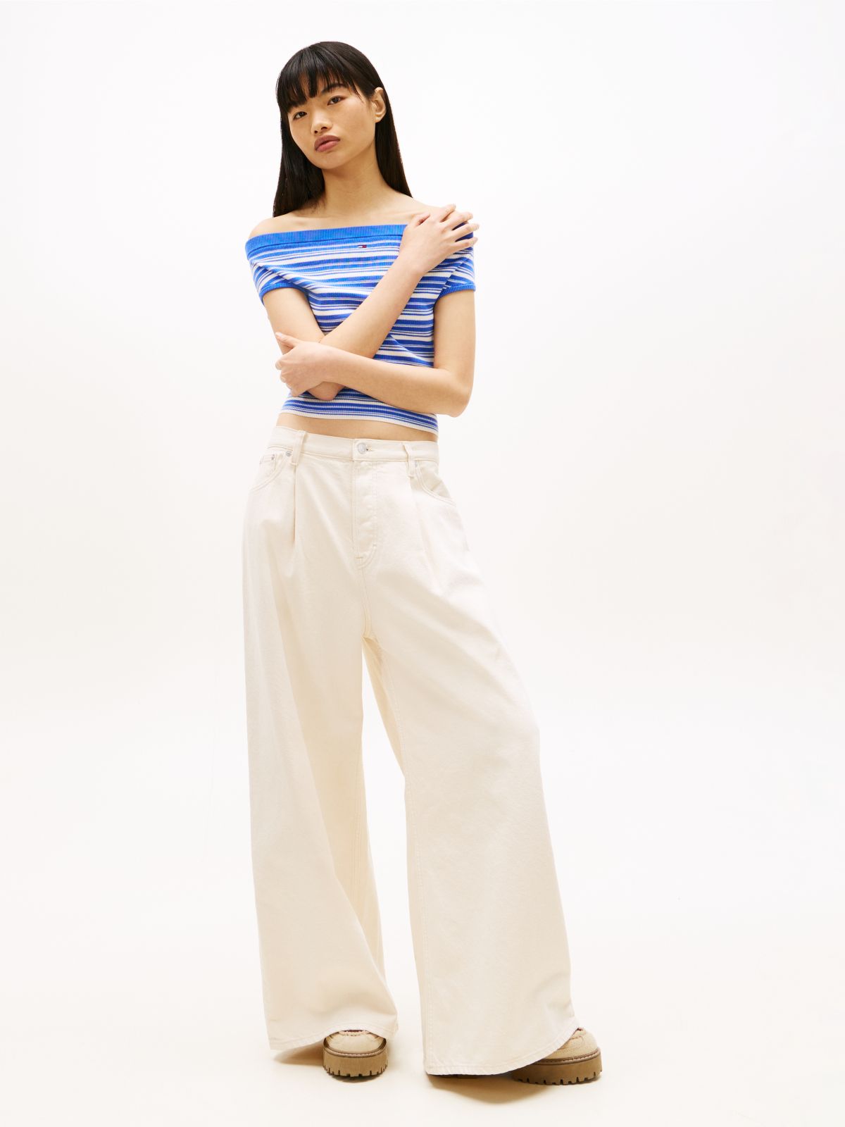 Stripe Off-The-Shoulder Slim Jumper — Blue
