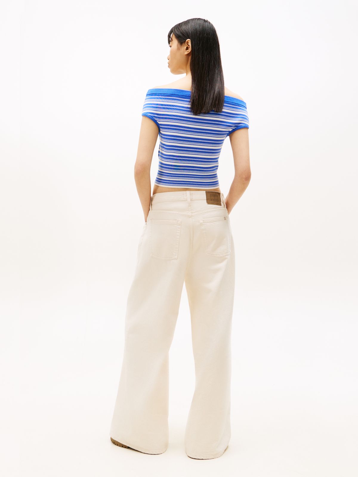 Stripe Off-The-Shoulder Slim Jumper — Blue