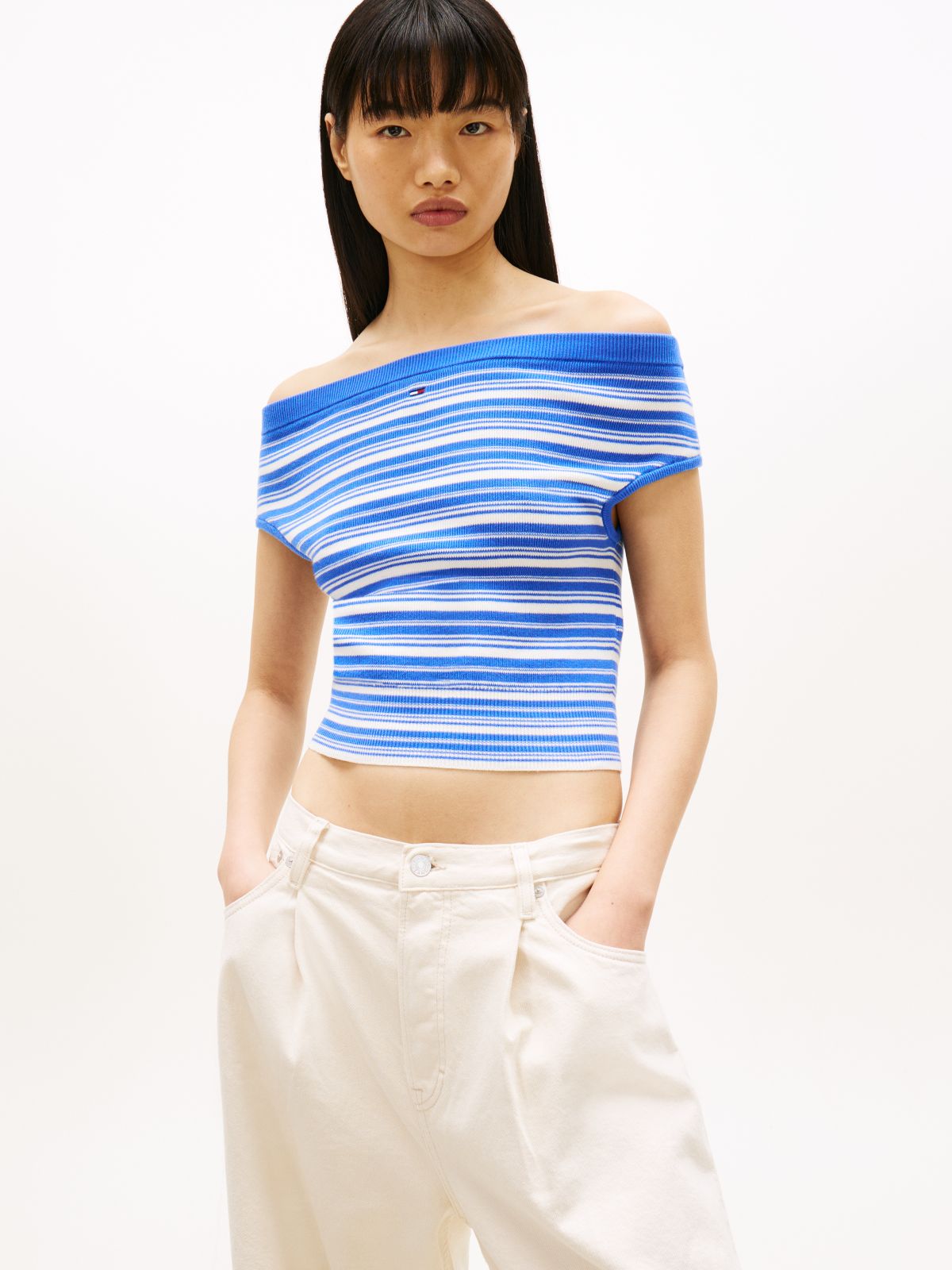 Stripe Off-The-Shoulder Slim Jumper — Blue