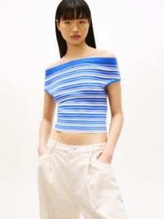 Stripe Off-The-Shoulder Slim Jumper — Blue 1