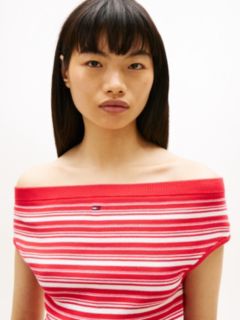 Stripe Off-The-Shoulder Slim Jumper — Red 2