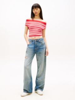 Stripe Off-The-Shoulder Slim Jumper — Red 3