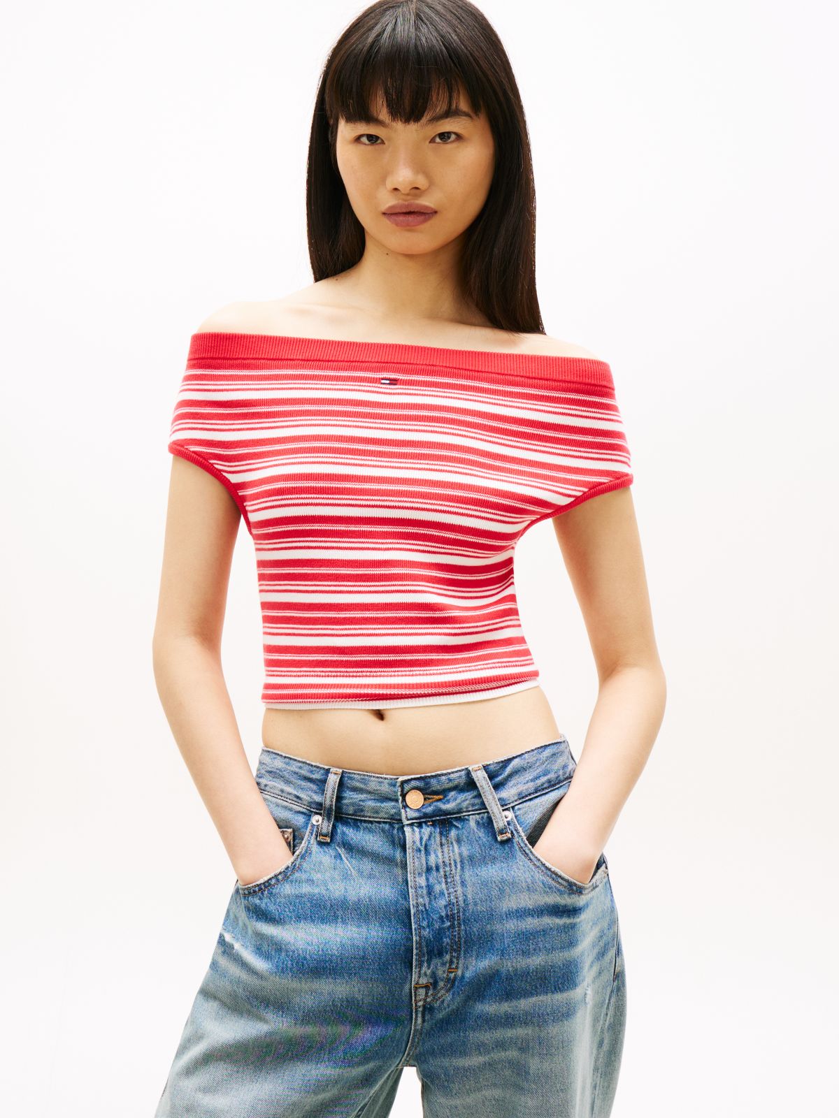 Stripe Off-The-Shoulder Slim Jumper — Red