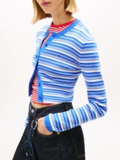 Stripe Slim Crew Neck Cardigan — Blue 2