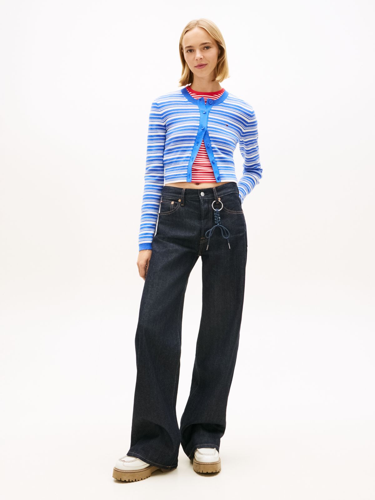 Stripe Slim Crew Neck Cardigan — Blue