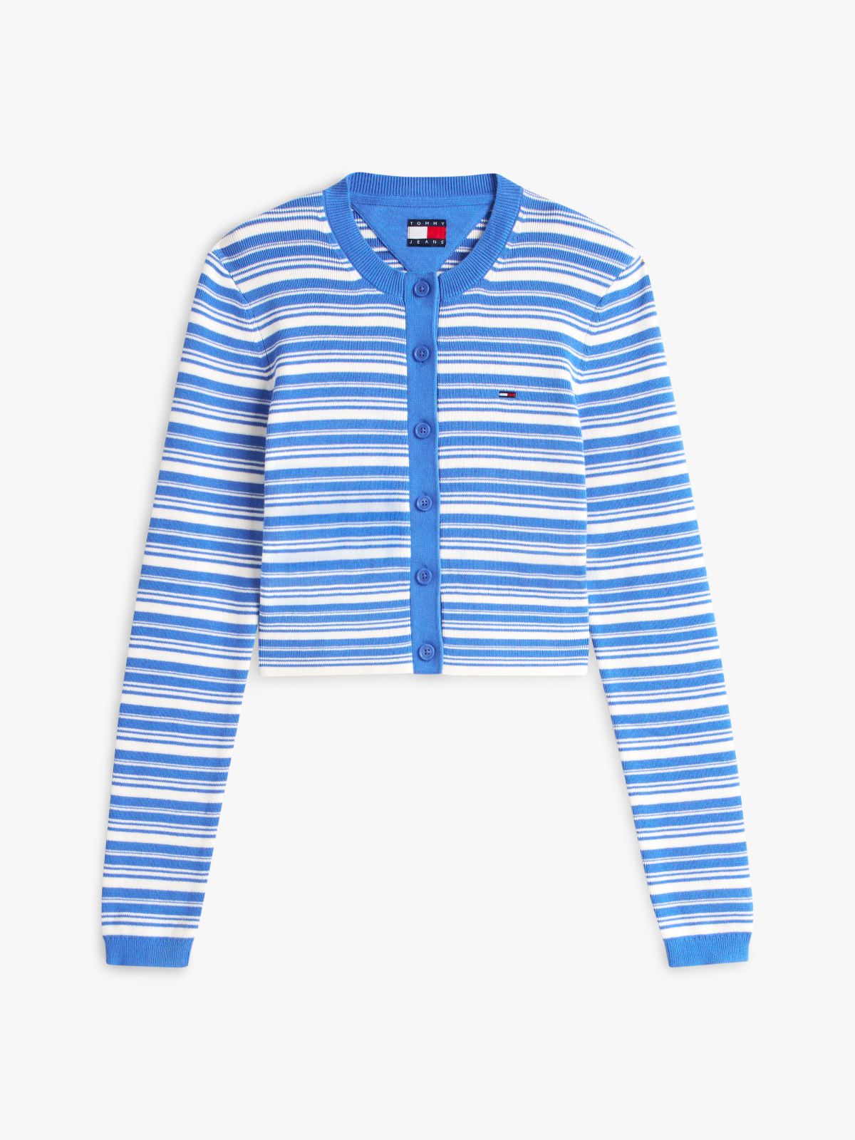 Stripe Slim Crew Neck Cardigan — Blue