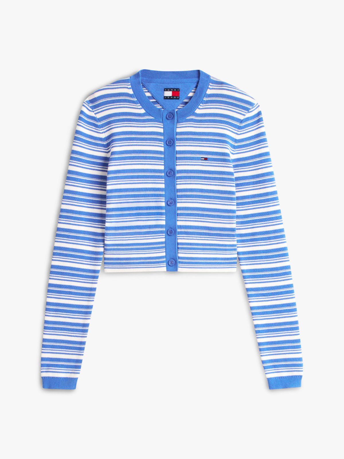 Stripe Slim Crew Neck Cardigan — Blue