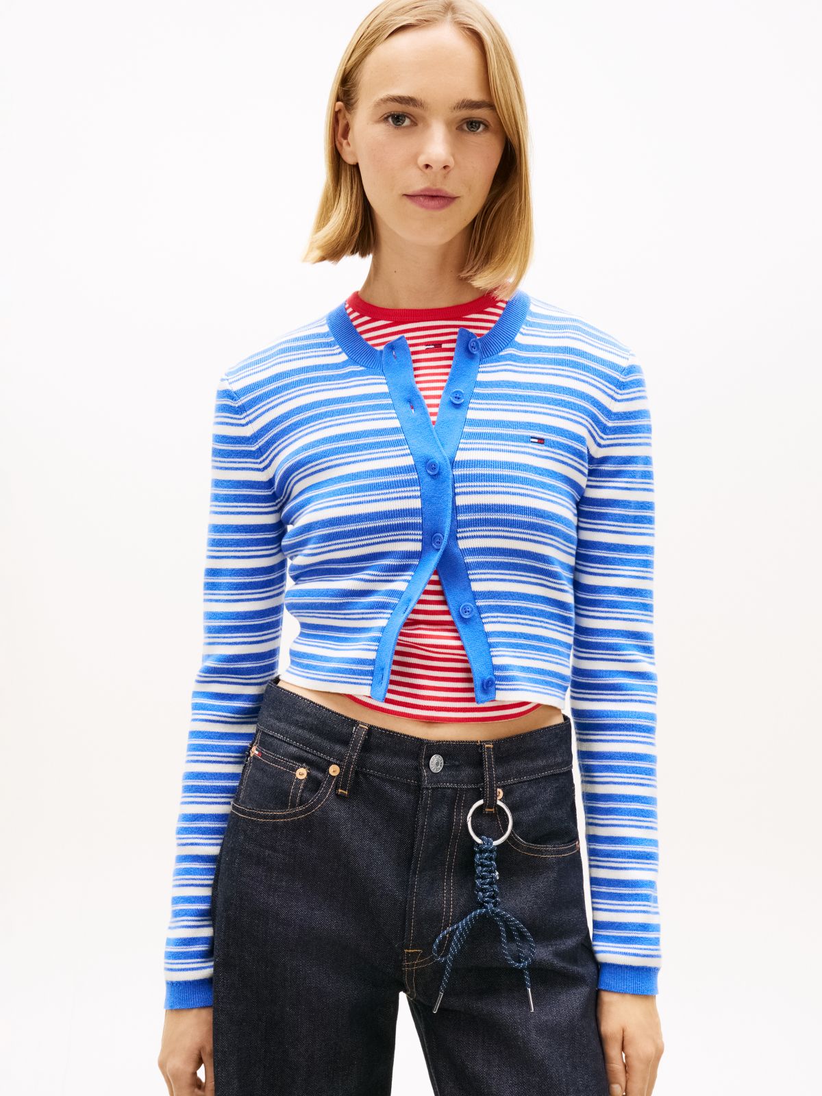 Stripe Slim Crew Neck Cardigan — Blue
