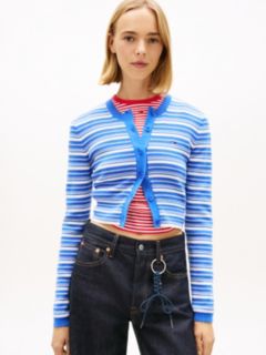 Stripe Slim Crew Neck Cardigan — Blue 1