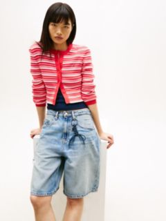 Stripe Slim Crew Neck Cardigan — Red 2