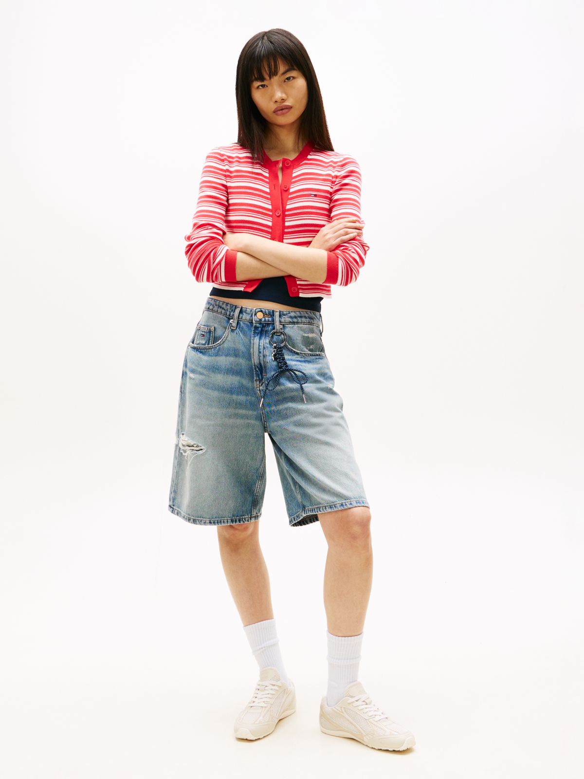 Stripe Slim Crew Neck Cardigan — Red